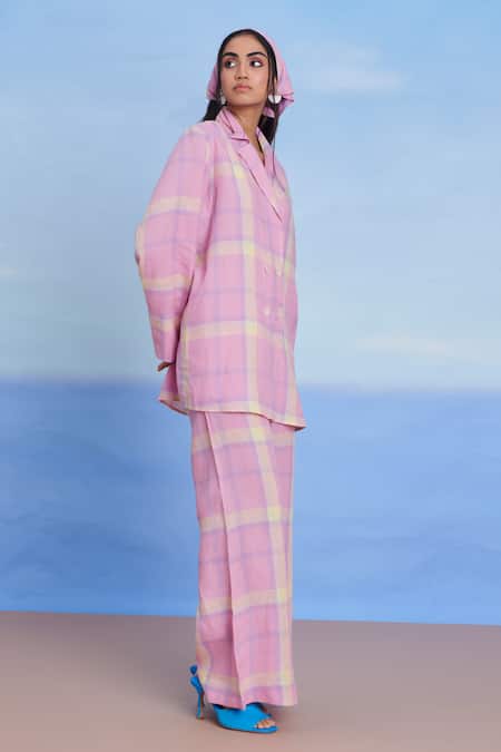 Shop_Saphed_Pink Linen Embroidery Cassata Blazer Shirt _Online_at_Aza_Fashions