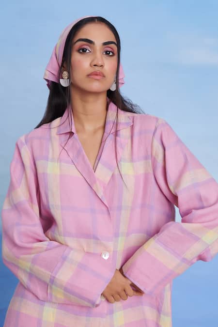 Saphed_Pink Linen Embroidery Cassata Blazer Shirt _at_Aza_Fashions