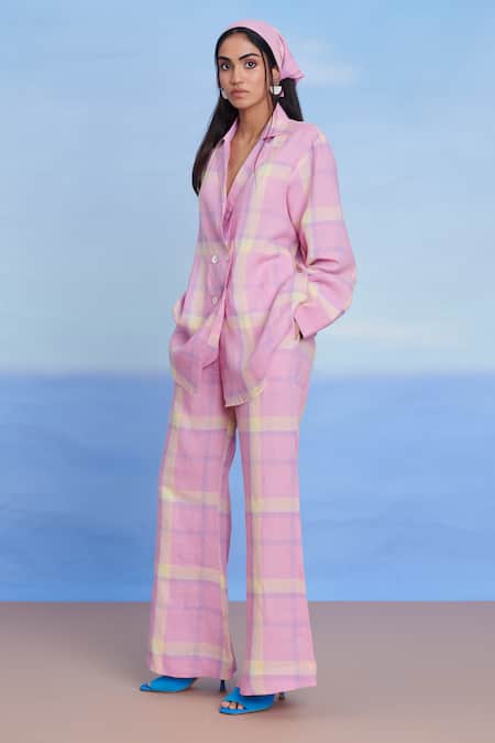 Buy Saphed Pink Linen Cassata Bell Bottom Pant Online at Aza Fashions Buy_Saphed_Pink Linen Cassata Bell Bottom Pant _Online_at_Aza_Fashions