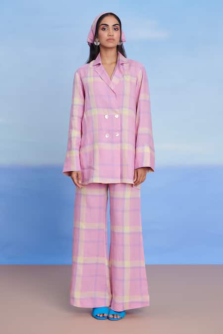 Shop Saphed Pink Linen Embroidery Cassata Blazer Shirt With Pant at Aza Fashions Shop_Saphed_Pink Linen Embroidery Cassata Blazer Shirt With Pant _at_Aza_Fashions