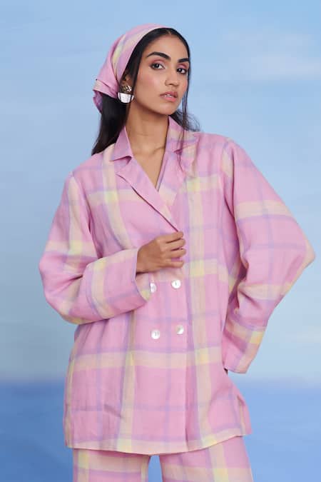 Shop Saphed Pink Linen Embroidery Cassata Blazer Shirt With Pant Online at Aza Fashions Shop_Saphed_Pink Linen Embroidery Cassata Blazer Shirt With Pant _Online_at_Aza_Fashions