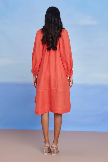 Saphed Tangerine Linen Lace Panelled Dress 