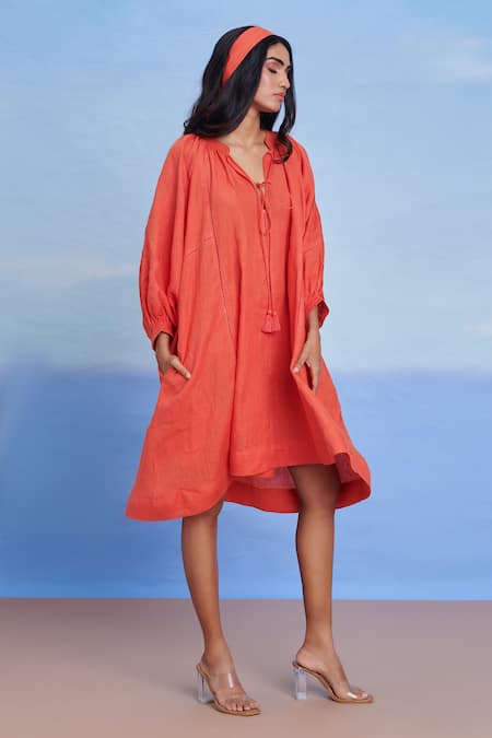 Saphed_Orange Linen Lace, Tassels V-neck Tangerine Panelled Dress _Online_at_Aza_Fashions