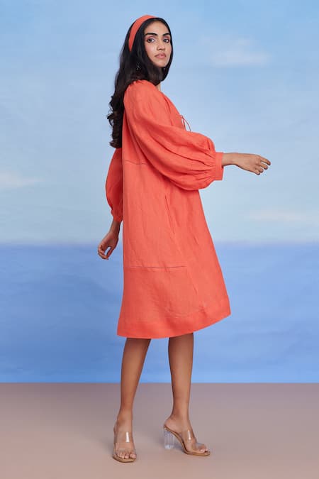 Buy_Saphed_Orange Linen Lace, Tassels V-neck Tangerine Panelled Dress _Online_at_Aza_Fashions