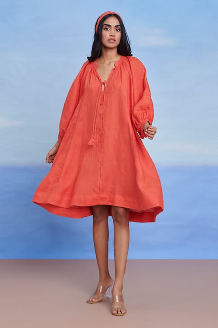 Shop_Saphed_Orange Linen Lace, Tassels V-neck Tangerine Panelled Dress _Online_at_Aza_Fashions