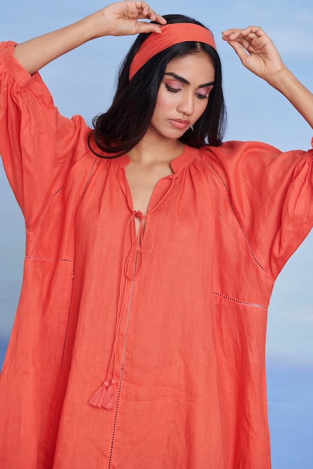 Saphed_Orange Linen Lace, Tassels V-neck Tangerine Panelled Dress _at_Aza_Fashions