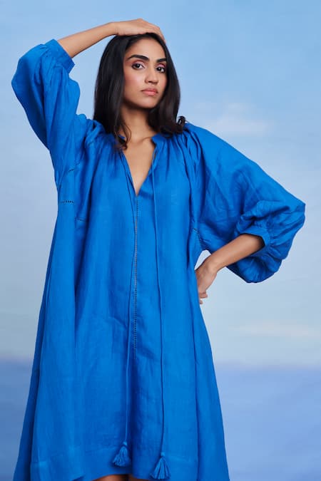 Saphed Blue Linen Tassels V-neck Santorini Lace Panelled Dress Online at Aza Fashions Saphed_Blue Linen Tassels V-neck Santorini Lace Panelled Dress _Online_at_Aza_Fashions