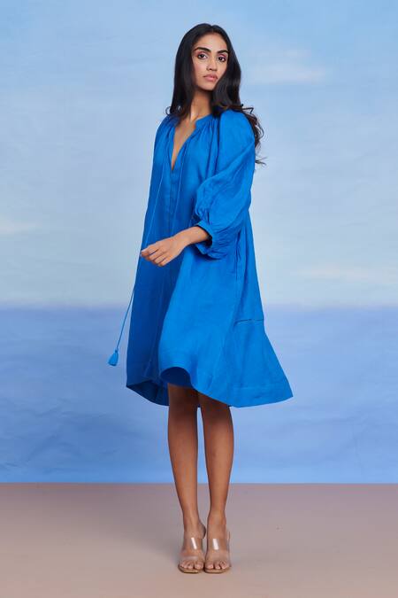 Buy Saphed Blue Linen Tassels V-neck Santorini Lace Panelled Dress Online at Aza Fashions Buy_Saphed_Blue Linen Tassels V-neck Santorini Lace Panelled Dress _Online_at_Aza_Fashions