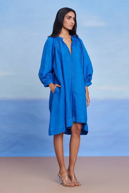 Saphed Blue Linen Tassels V-neck Santorini Lace Panelled Dress at Aza Fashions Saphed_Blue Linen Tassels V-neck Santorini Lace Panelled Dress _at_Aza_Fashions