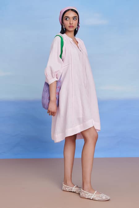 Saphed Pink Linen Lace, Tassels Split V-neck Fleur Panelled Dress Online at Aza Fashions Saphed_Pink Linen Lace, Tassels Split V-neck Fleur Panelled Dress _Online_at_Aza_Fashions