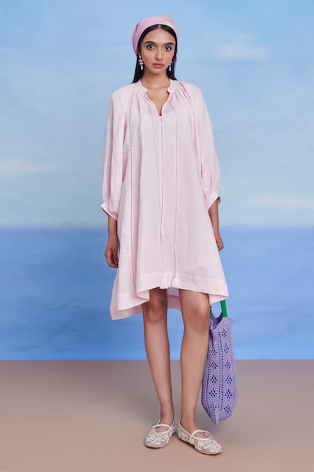 Saphed Pink Linen Lace, Tassels Split V-neck Fleur Panelled Dress