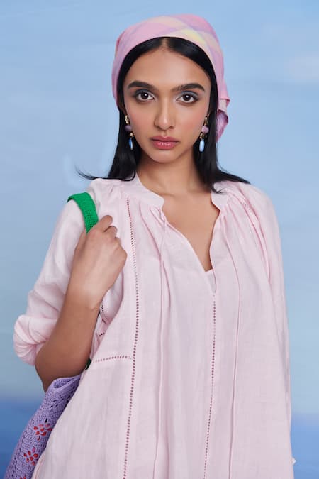 Buy Saphed Pink Linen Lace, Tassels Split V-neck Fleur Panelled Dress Online at Aza Fashions Buy_Saphed_Pink Linen Lace, Tassels Split V-neck Fleur Panelled Dress _Online_at_Aza_Fashions