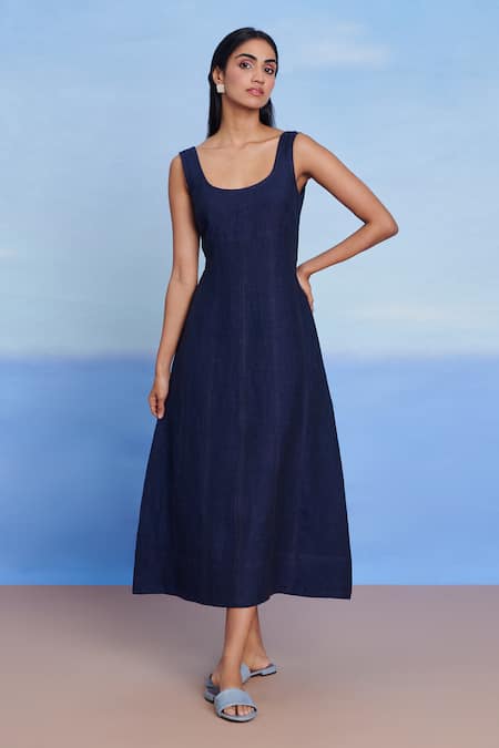 Shop Saphed Navy Linen Scoop Neck Neel Denim Panelled Dress Online at Aza Fashions Shop_Saphed_Navy Linen Scoop Neck Neel Denim Panelled Dress _Online_at_Aza_Fashions