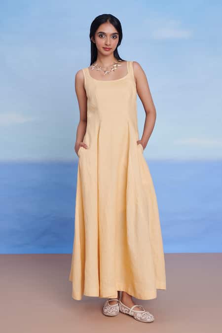 Saphed Yellow Linen Scoop Neck Butterscotch Dress 