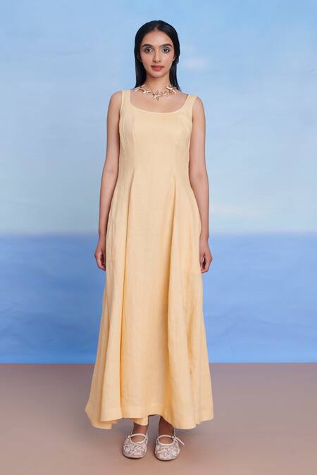 Saphed Yellow Linen Scoop Neck Butterscotch Dress Online at Aza Fashions Saphed_Yellow Linen Scoop Neck Butterscotch Dress _Online_at_Aza_Fashions