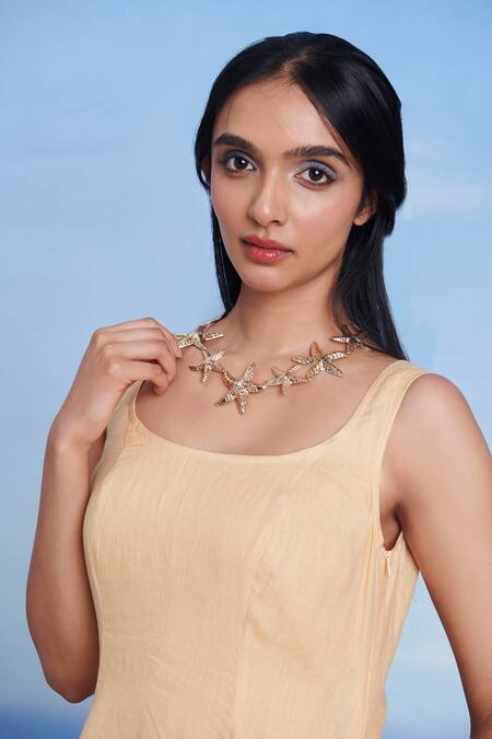 Shop Saphed Yellow Linen Scoop Neck Butterscotch Dress Online at Aza Fashions Shop_Saphed_Yellow Linen Scoop Neck Butterscotch Dress _Online_at_Aza_Fashions