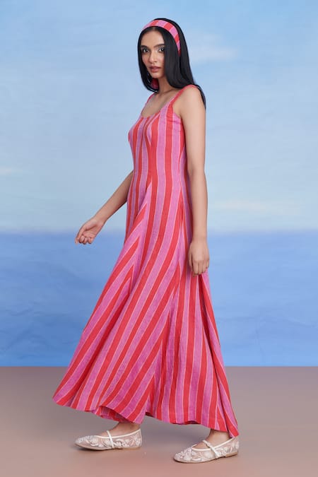 Shop Saphed Pink Linen Scoop Neck Amalfi Dress Online at Aza Fashions Shop_Saphed_Pink Linen Scoop Neck Amalfi Dress _Online_at_Aza_Fashions