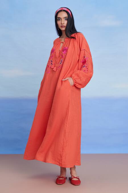 Saphed_Orange Linen Embroidery, Tassels Keyhole Neck Tangerine Puff Sleeves Dress _Online_at_Aza_Fashions