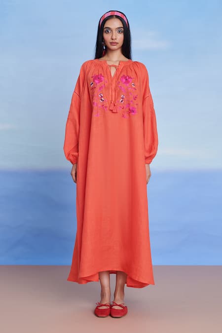 Buy_Saphed_Orange Linen Embroidery, Tassels Keyhole Neck Tangerine Puff Sleeves Dress _Online_at_Aza_Fashions