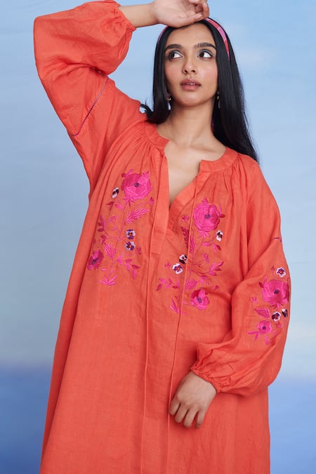 Shop_Saphed_Orange Linen Embroidery, Tassels Keyhole Neck Tangerine Puff Sleeves Dress _Online_at_Aza_Fashions