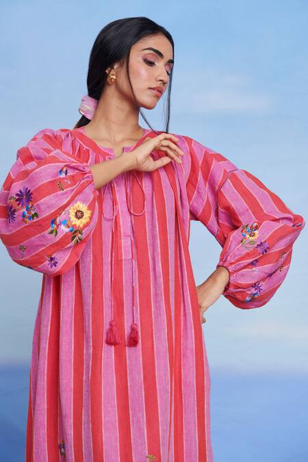 Buy_Saphed_Pink Linen Embroidery Keyhole Neck Amalfi Puff Sleeves Dress _Online_at_Aza_Fashions