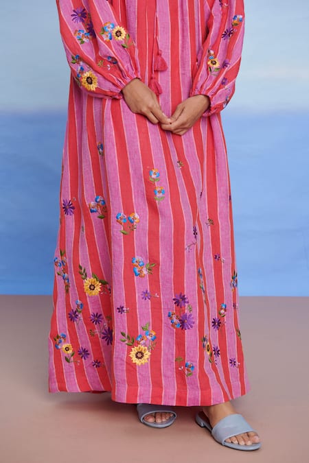 Shop_Saphed_Pink Linen Embroidery Keyhole Neck Amalfi Puff Sleeves Dress _Online_at_Aza_Fashions