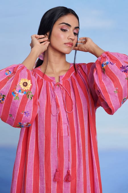 Saphed_Pink Linen Embroidery Keyhole Neck Amalfi Puff Sleeves Dress _at_Aza_Fashions