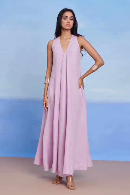Saphed Lilac Linen V-neck Flared Dress 