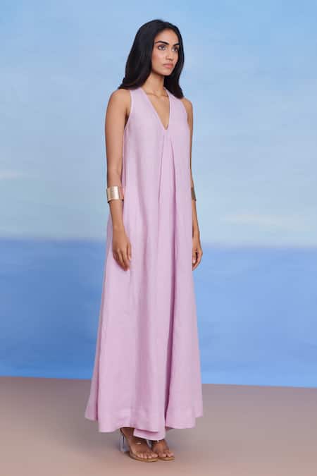 Saphed_Lilac Linen V-neck Flared Dress _Online_at_Aza_Fashions