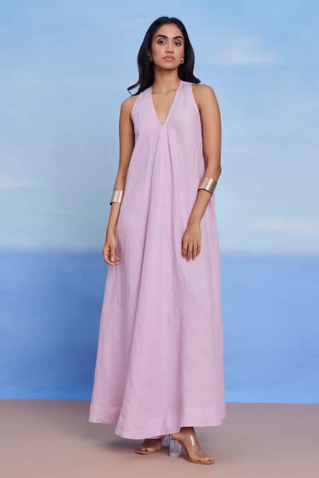 Buy_Saphed_Lilac Linen V-neck Flared Dress _Online_at_Aza_Fashions