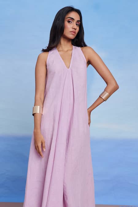 Shop_Saphed_Lilac Linen V-neck Flared Dress _Online_at_Aza_Fashions