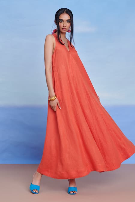 Saphed Orange Linen V-neck Tangerine Flared Dress Online at Aza Fashions Saphed_Orange Linen V-neck Tangerine Flared Dress _Online_at_Aza_Fashions