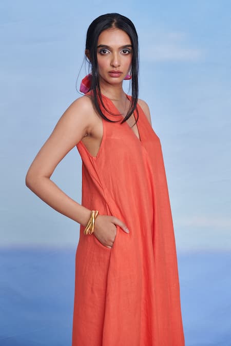 Buy Saphed Orange Linen V-neck Tangerine Flared Dress Online at Aza Fashions Buy_Saphed_Orange Linen V-neck Tangerine Flared Dress _Online_at_Aza_Fashions
