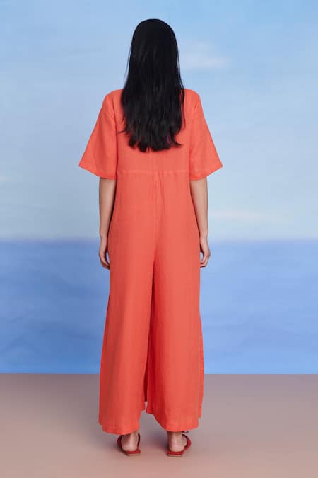 Saphed Tangerine Linen Half Sleeves Flared Jumpsuit 