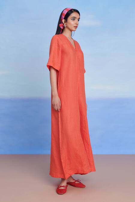 Saphed_Orange Linen V-neck Tangerine Half Sleeves Flared Jumpsuit _Online_at_Aza_Fashions