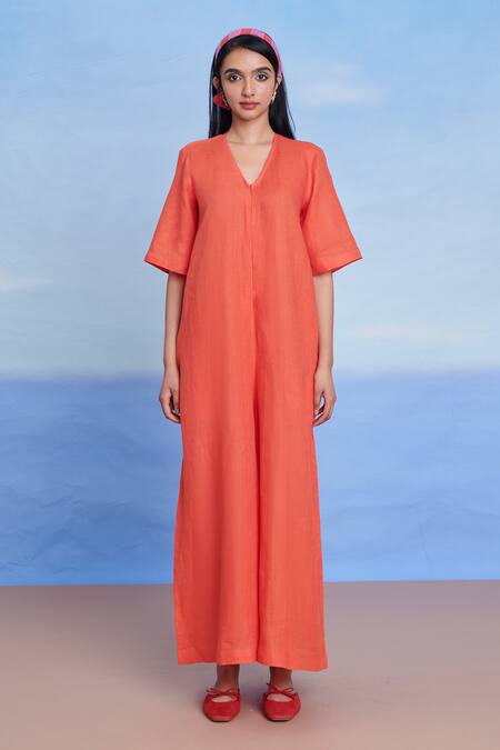 Buy_Saphed_Orange Linen V-neck Tangerine Half Sleeves Flared Jumpsuit _Online_at_Aza_Fashions