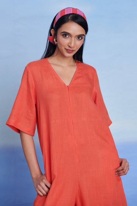 Shop_Saphed_Orange Linen V-neck Tangerine Half Sleeves Flared Jumpsuit _Online_at_Aza_Fashions