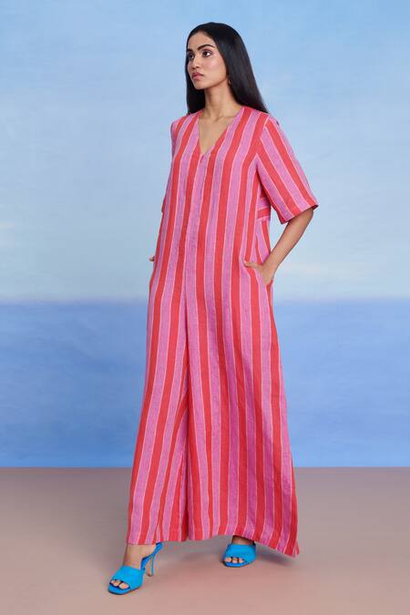 Saphed_Pink Linen V-neck Amalfi Half Sleeves Flared Jumpsuit _Online_at_Aza_Fashions