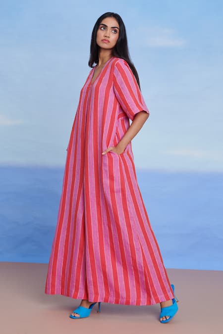 Buy_Saphed_Pink Linen V-neck Amalfi Half Sleeves Flared Jumpsuit _Online_at_Aza_Fashions