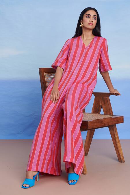 Shop_Saphed_Pink Linen V-neck Amalfi Half Sleeves Flared Jumpsuit _Online_at_Aza_Fashions