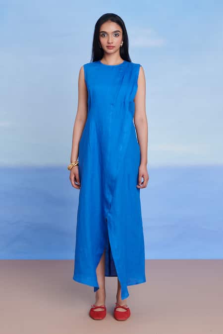 Buy_Saphed_Blue Linen Round Neck Santorini Drape Dress _Online_at_Aza_Fashions
