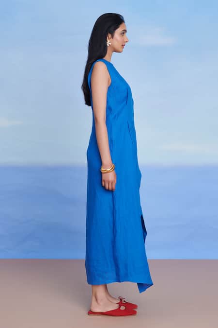 Shop_Saphed_Blue Linen Round Neck Santorini Drape Dress _Online_at_Aza_Fashions