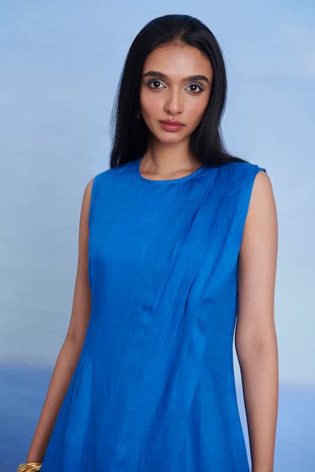 Saphed_Blue Linen Round Neck Santorini Drape Dress _at_Aza_Fashions