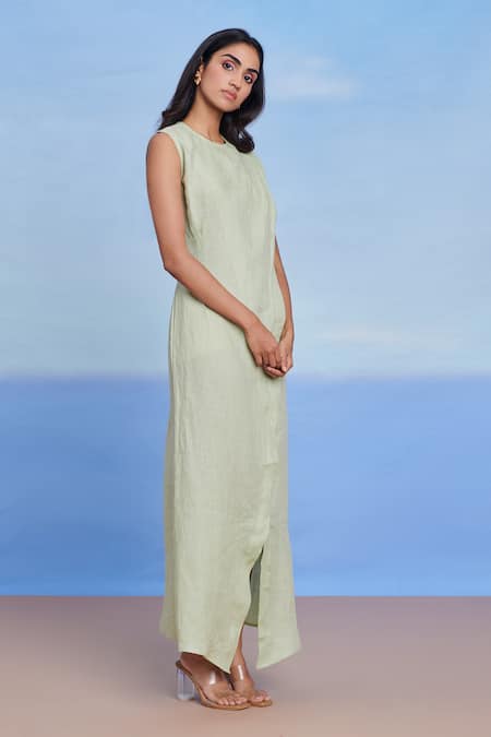 Saphed Green Linen Round Neck Pista Drape Dress Online at Aza Fashions Saphed_Green Linen Round Neck Pista Drape Dress _Online_at_Aza_Fashions