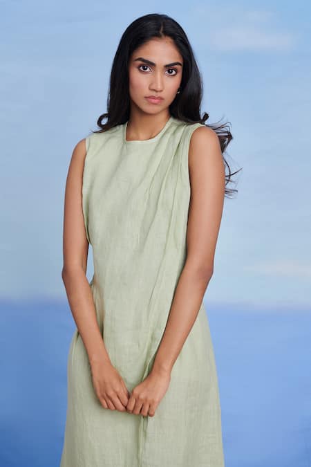 Shop Saphed Green Linen Round Neck Pista Drape Dress Online at Aza Fashions Shop_Saphed_Green Linen Round Neck Pista Drape Dress _Online_at_Aza_Fashions