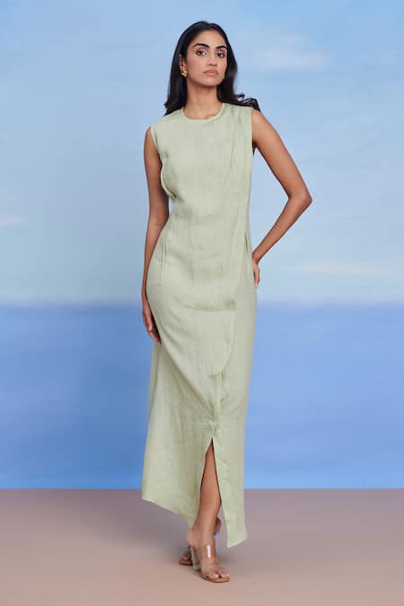 Saphed Green Linen Round Neck Pista Drape Dress 