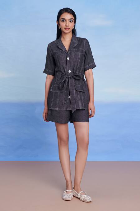 Buy Saphed Charcoal Linen Collared, V-neck Graphite Denim Front Tie Jacket Online at Aza Fashions Buy_Saphed_Charcoal Linen Collared, V-neck Graphite Denim Front Tie Jacket _Online_at_Aza_Fashions