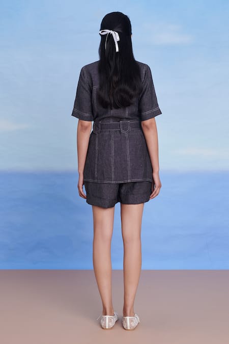 Saphed Graphite Linen Denim Front Tie Jacket and Shorts Set 