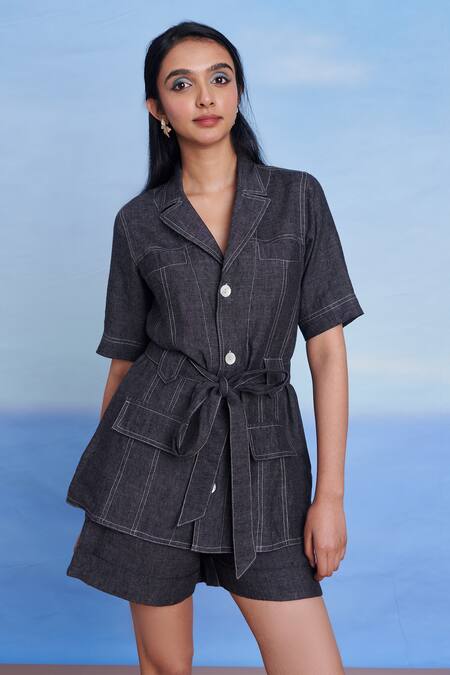 Shop Saphed Charcoal Linen Collared, V-neck Graphite Denim Front Tie Jacket And Shorts Set Online at Aza Fashions Shop_Saphed_Charcoal Linen Collared, V-neck Graphite Denim Front Tie Jacket And Shorts Set _Online_at_Aza_Fashions