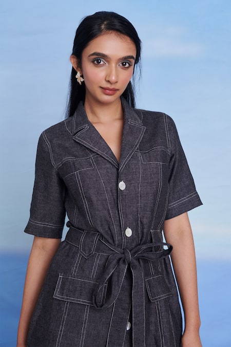 Saphed Charcoal Linen Collared, V-neck Graphite Denim Front Tie Jacket And Shorts Set at Aza Fashions Saphed_Charcoal Linen Collared, V-neck Graphite Denim Front Tie Jacket And Shorts Set _at_Aza_Fashions